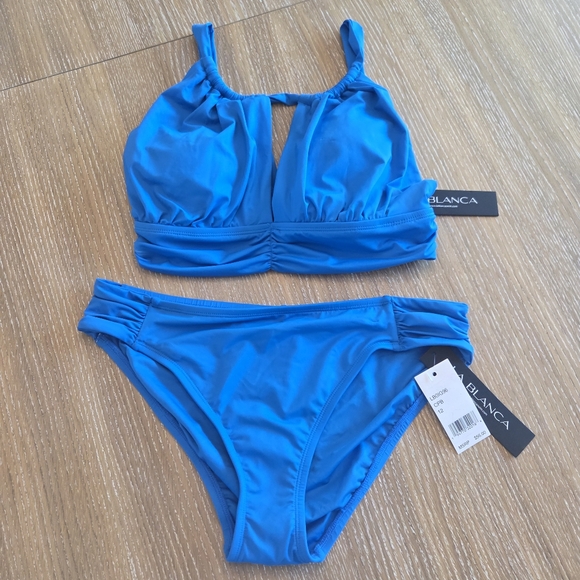 La Blanca Island Goddess Bikini High Neck Top Hipster Bottoms  Blue Size 12 NEW - Picture 3 of 6